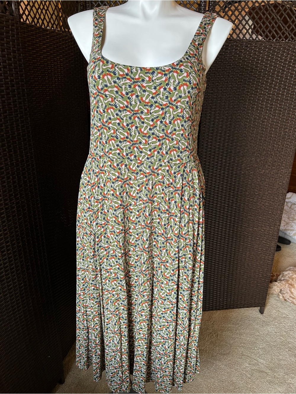 Boden Olive Green Floral-Print Sleeveless Midi Dress